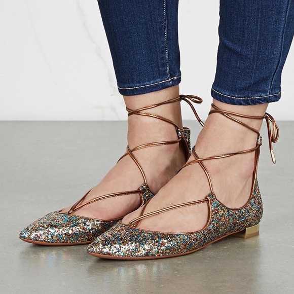 AQUAZZURA Firenze Christy Glittered Leather Flats, size 37 (6 US) - Picture 1 of 9